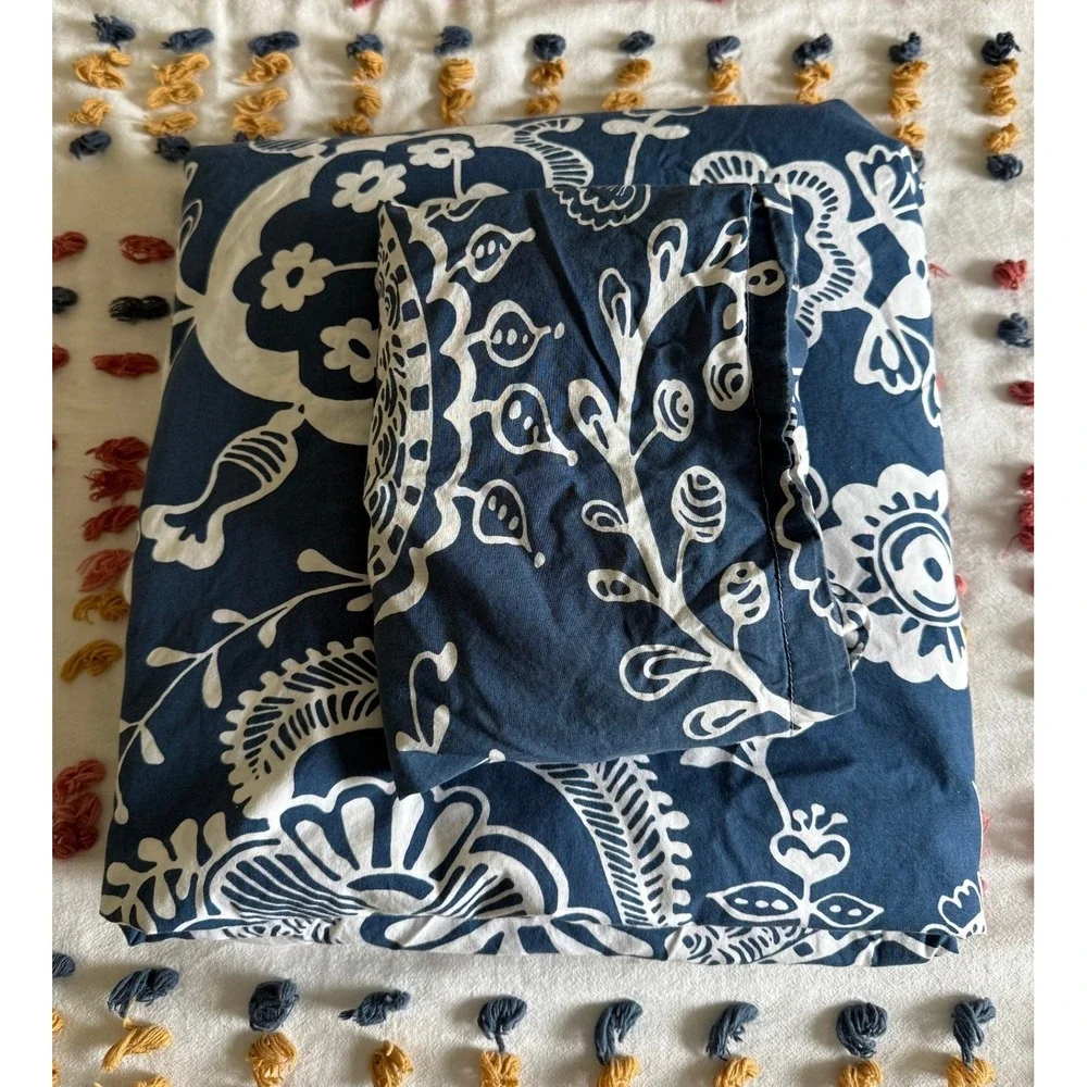 Pottery Barn Teen Natalia Floral Duvet Cover Navy Blue White Full Queen Cotton